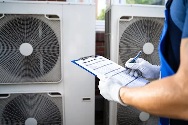 HVAC maintenance technician inspecting units